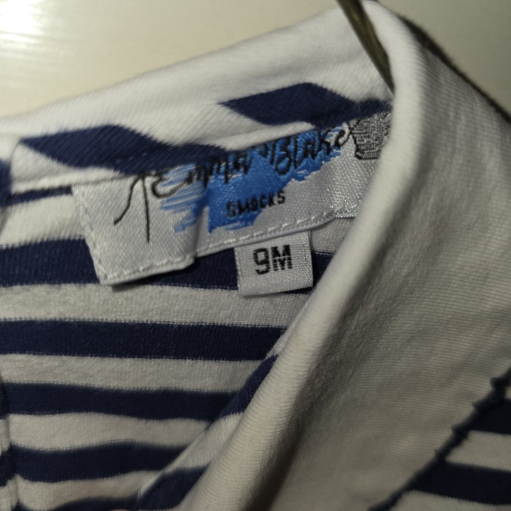 Emma Blake Smocks Size 9 Mo Blue & White Striped Romper, Orange Embroidered "H" - Picture 3 of 10